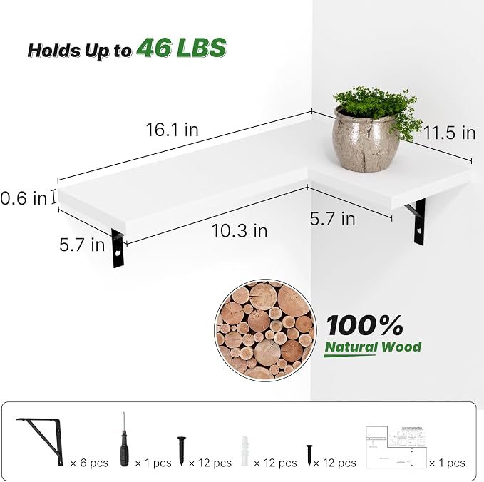 NATURE'S SOURCE Corner Floating Shelves Wall Mounted, White, Set of 3