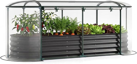 Giantex Raised Garden Bed w/Greenhouse Cover, Outdoor Oval Metal Steel Planter Box w/Roll-up Window, Clear PVC Mini Greenhouse for Vegetables Flowers Herbs Outdoor Patio Gardening, 6x2x1 FT (Black)