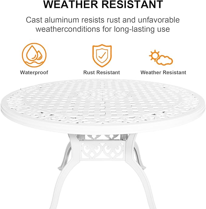48" Cast Aluminum Outdoor Dining Table,Dining Conversation Side Table, Patio Bistro Table with 2.36" Umbrella Hole for Backyard, Garden, Patio, Porch