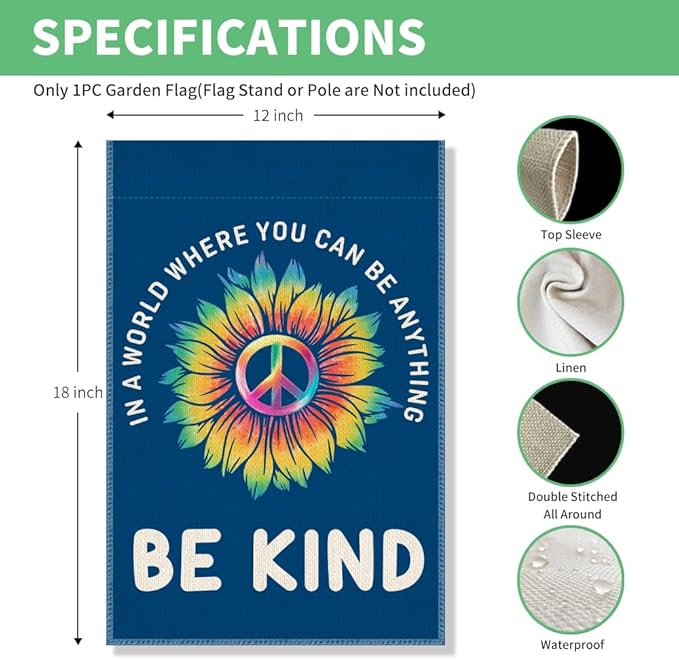Perfectinsoy In A World Where You Can Be Anything Be Kind Retro Garden Flag, Daisy Front Yard Sign, Welcome Yard Home Holiday Farmhouse Porch Patio Lawn Outside Decor, World Peace Yard Flag
