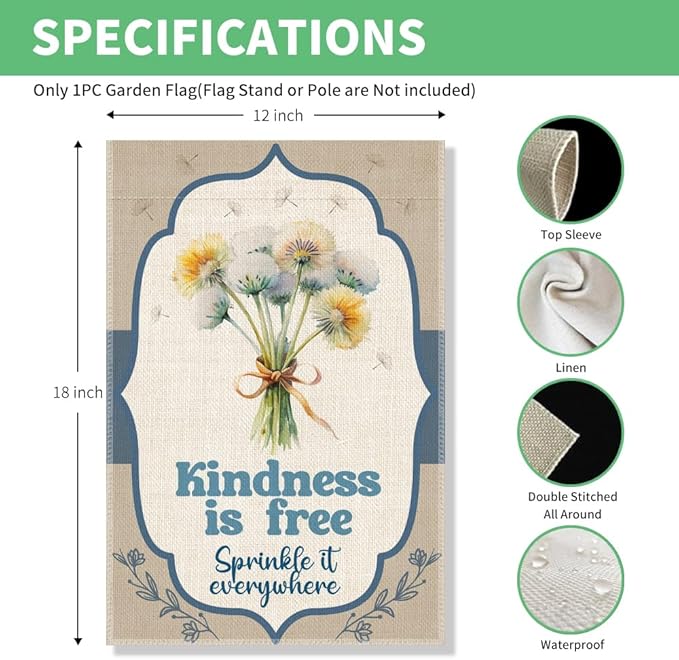 Perfectinsoy Kindness Is Free Sprinkle It Everywhere Garden Flag, Spread Kindness Banner, Motivational Kindness Sign, Dandelion Garden Banner, Welcome Yard Home Holiday Farmhouse Porch Outside Decor