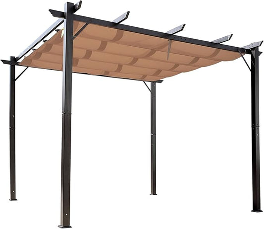 Outsunny 10' x 10' Aluminum Patio Pergola with Retractable Pergola Canopy, Backyard Shade Shelter for Porch, Outdoor Party, Garden, Grill Gazebo, Brown