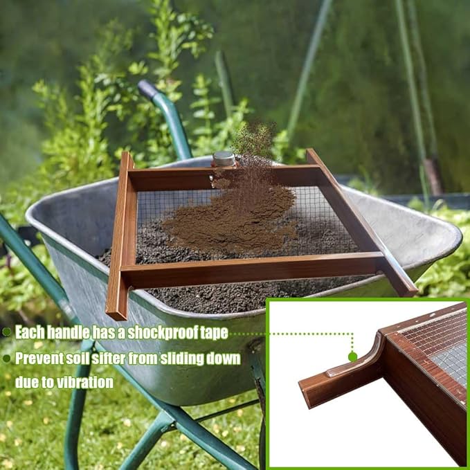 Large Soil Sifter with Vibration Motor, 29.5" x 20" Automatic Wooden Sifting Screen, Stainless Steel Mesh for Gardening, Sand Sifter for Use in Wheelbarrow, Compost Sifter