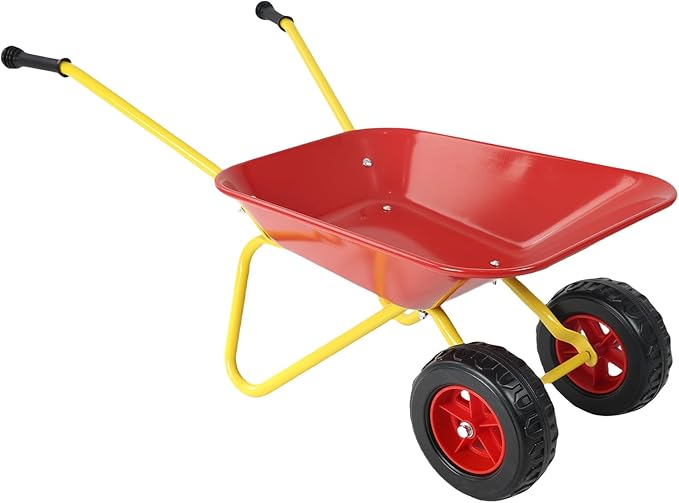 Kids Metal Wheelbarrow with Single Wheel,Children Garden Cart with Steel Tray and Non-Slip Handles, Sturdy Outdoor Yard Toy for Toddlers, Ideal for Sand, Leaves, and Soil (Red-Two-Wheel)