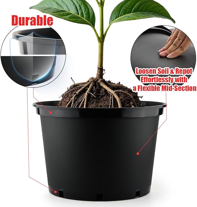 RooTrimmer 3/5/7 Gallon Nursery Pots 9 Pack Set, Plastic Planter with Drainage Holes – Round, Sturdy, Deep Design for Indoor/Outdoor Plants