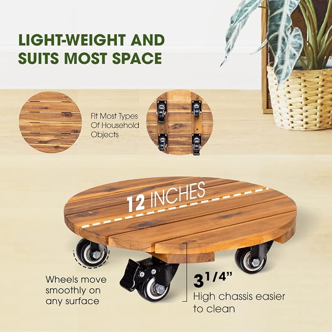 2pack 12inches Wood Plant Caddy with Wheels Heavy Duty, 264 Lbs Capacity, Acacia Hardwood Plant Dolly, Plant Stand with 360° Lockable Wheels for Plant Pots, Heavy Objects Hauling - Natural Wood