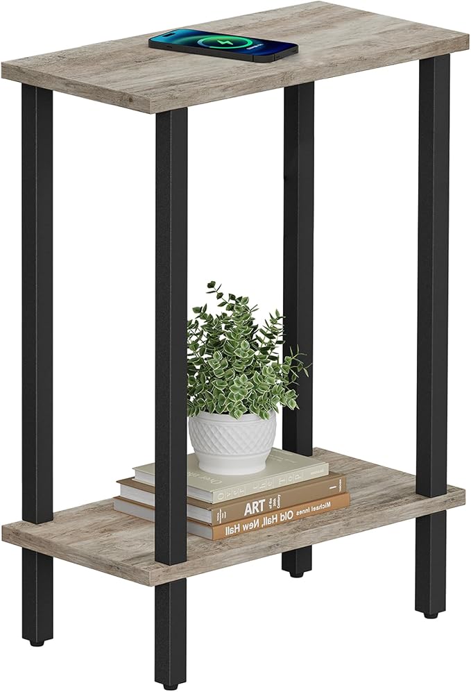 TUTOTAK Narrow Side Table, 2-Tier Small End Table for Couch | Skinny Sofa Table, Slim Nightstand, Easy Assembly for Living Room, Bedroom, Greige TB01BG062