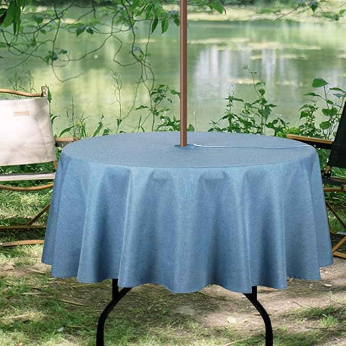 Outdoor Tablecloth Wrinkle-Free Stain Resistant Waterproof Polyester Fabric Table Cover with Zipper Umbrella Hole for Picnic/Party/Dinner/Patio Garden(70inch Round,Zippered,Water Blue)