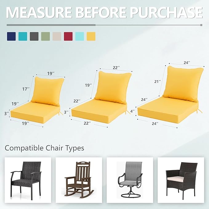 24x24 Inch Outdoor Chair Cushions Set of 4, Patio Furniture Cushions - Removable Cover, Water-Repellent, Fade-Resistant, Non-Slip Bottom & Straps, Replacement for Deep Seat Sofa & Couch - Yellow