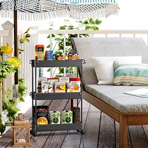 SPACEKEEPER Slim Rolling Storage Cart, 3 Tier Bathroom Storage Organizer Laundry Room Utility Cart Mobile Shelving Unit, Multi-Purpose for Kitchen Office Bathroom Laundry Narrow Places, Black | Narrow Rolling Cart with Wheels for Kitchen Office Bathroo...