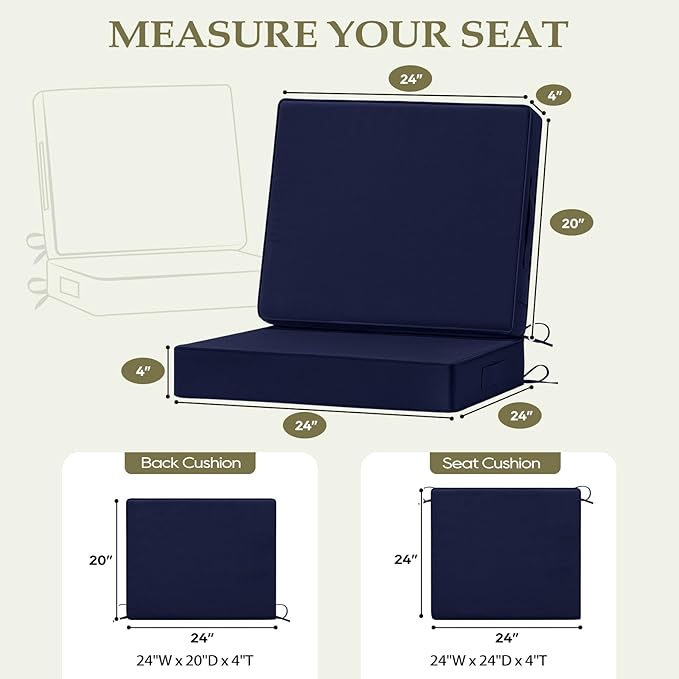 Wellsin Outdoor Deep Seat Patio Cushions, 24 x 24 Waterproof & 3-Year Fade Resistant Outdoor Cushions with Removable Covers,Ties and Handle for Chair, Sofa, Couch, Navy