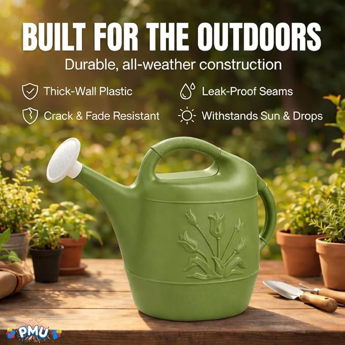 PMU 2 Gallon Watering Can - Garden Watering Can for Indoor & Outdoor Plants - Plastic Water Can with Detachable Sprinkler Head - Large Water Pot, Made in USA - Sage Green Pkg/3