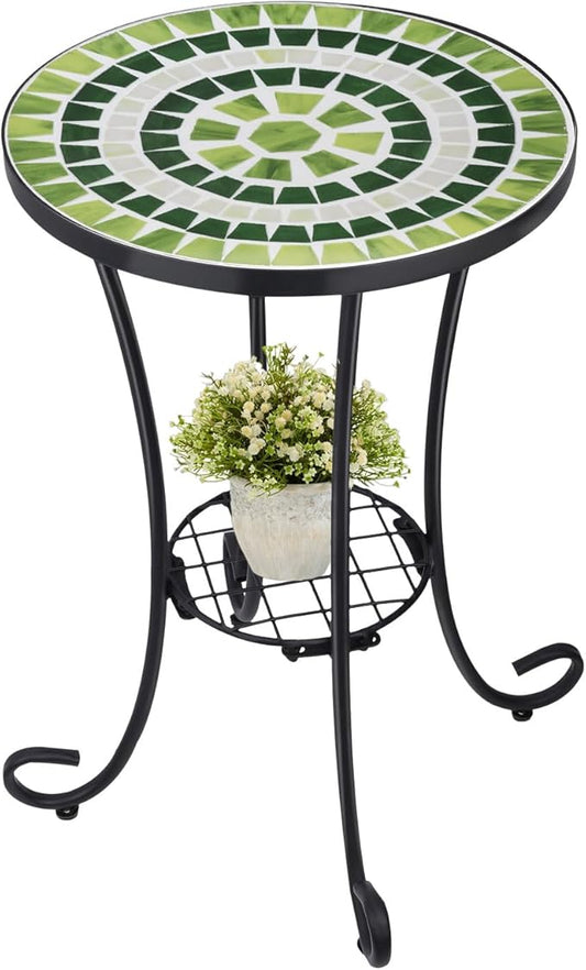 VCUTEKA Outdoor Side Table Mosaic Patio Table Accent Tables Mosaic Tile Top Metal Frame Small End Tables Porch Beach Patio Garden Balcony Grass Green