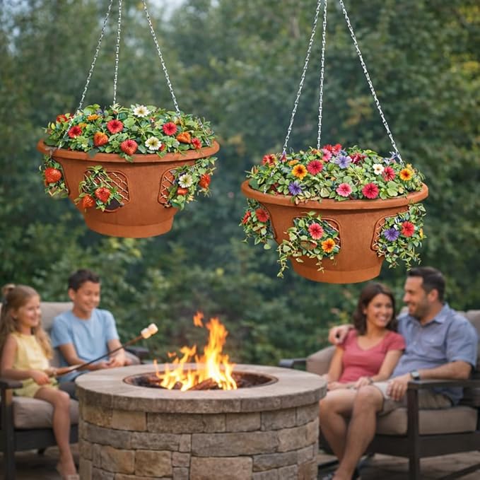 Ultimate Hanging Baskets - Strawberry, Tomato, Flower, and Herb Outdoor Planters - Use Garden Pots for Growing Plants Outside On A Deck, Fence, or Balcony (10, Terracotta)