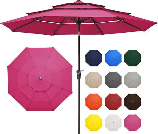 JEAREY 9FT 3 Tier Patio Umbrella Outdoor Market Umbrella Table Umbrellas with 8 Ribs 1.5 Pole Push Button Tilt and Crank UV Protection for Garden,Backyard,Pink