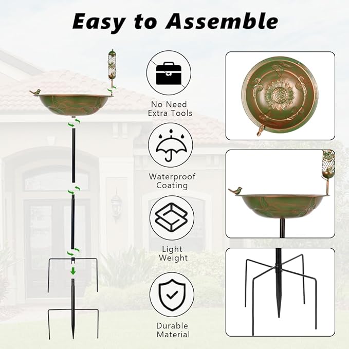 VEWOGARDEN 47 Inch Standing Metal Bird Bath Stake with Birdfeeder, Outdoor Garden Birdbath for Outside Patio, Yard, Lawn Decor