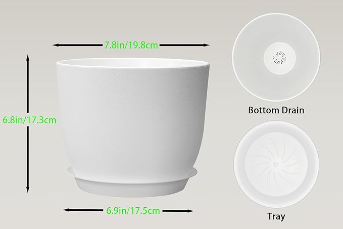 8 Inch Plant Pots Set of 2, Plastic Planters with Drainage Holes and Tray, Flower Pots for Indoor Outdoor Plants and Flowers (White)