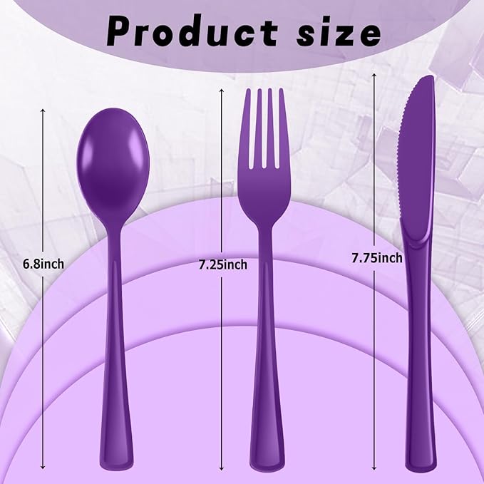 Plastic Silverware 150 PCS Disposable Silverware Heavy Duty Utensil Sets 50 Of Each Forks Knives & Spoons Disposable Cutlery Set For Easter,Birthday,Baby Shower,Garden Party,Wedding(150,Purple)