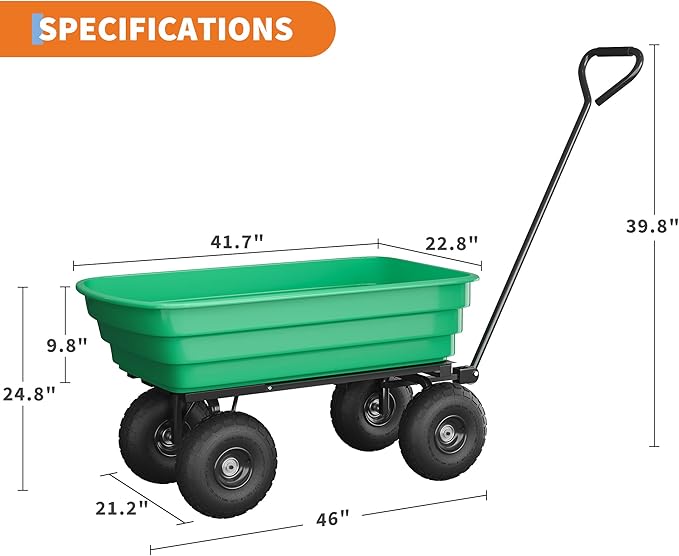 Garden Dump Cart - 1200lb 6 Cu.Ft. Heavy Duty All Terrain Wheel Barrow, 180° Pivoting Handle for Easy Control,for Yard Work,Courtyards, Farm and Gardening