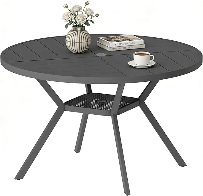 47" Outdoor Patio Table Dining Table, All Weather Metal Round Patio Table with Adjustable Umbrella Hole, Patio Furniture for Lawn Garden Backyard, Grey