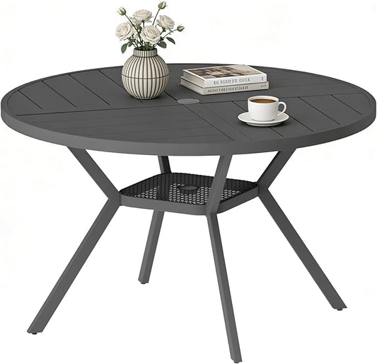 47" Outdoor Patio Table Dining Table, All Weather Metal Round Patio Table with Adjustable Umbrella Hole, Patio Furniture for Lawn Garden Backyard, Grey