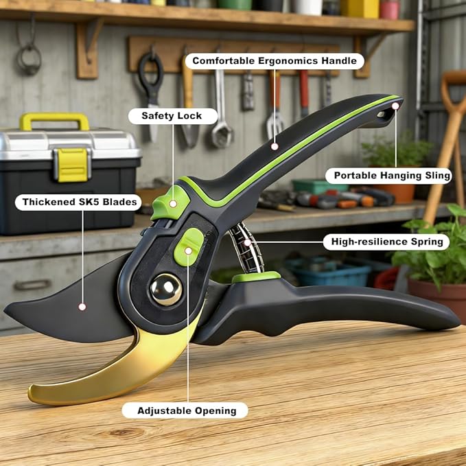 Pruning Shears, Garden Clipper with High-Elasticity Spring, Professional SK5 Steel Blades, Adjustable Handle Opening, Gardening Plant Pruners for Branch Cutting