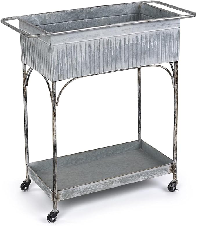 Displays2go Rustic Garden Planter Cart, Galvanized Steel, Top & Bottom Trays, Wheels - Silver (SMRGGMDC)
