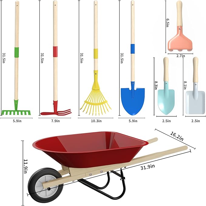Qtioucp Kids Wheelbarrow Set with Gardening Tools Outdoor Backyard Garden Play for Toddlers Boys Girls 3-8, with Shovel, Rake, Leaf Rake, Easter Birthday Gifts (Red Garden Set)