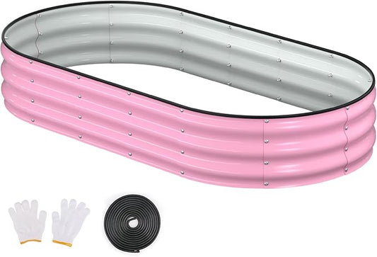 Raised Garden Bed, 6x3x1ft Galvanized Outdoor Planter Beds with Safety Edging and Gloves, Oval Metal Planter Box for Gardening Vegetables Flowers Herb-Blossom Pink