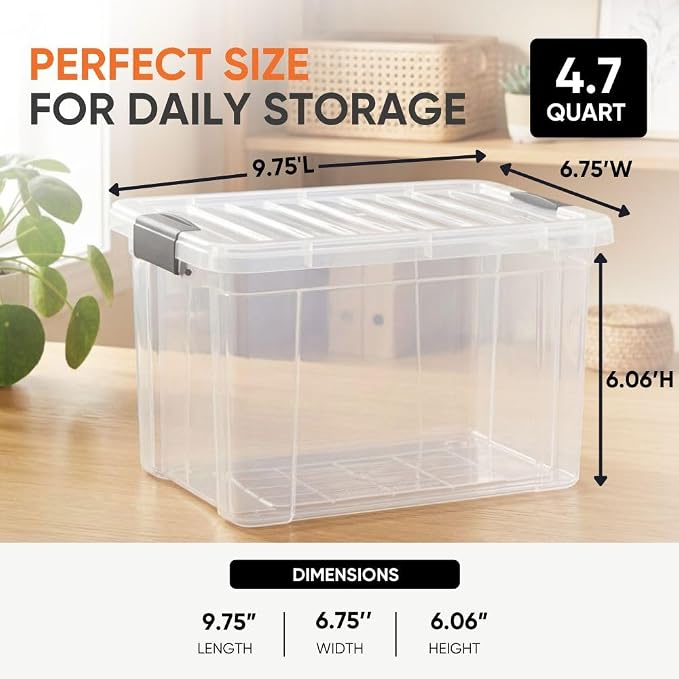 Superio Storage Bins with Lids- 5 Pack, 4.75 Qt Clear Boxes for Organizing, Stackable Plastic Containers- BPA Free, Non-Toxic, Odor Free, Organizer for Home, Office, Dorm