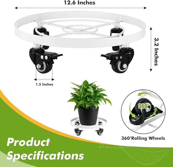 3 Packs Large Metal Plant Caddy 12.6 Inches Plant Dolly with Wheels Heavy-duty Rolling Wheeled Plant Stand with Casters for Indoor Outdoor Plant Dolly Mover Rollers Coasters White, Strong Load Capacity