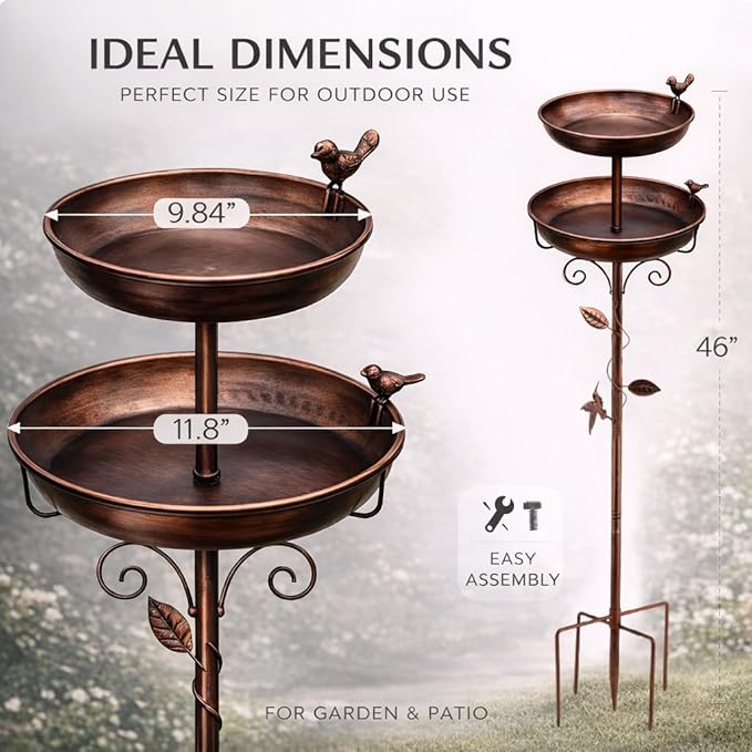 Bird Bath for Outside, 46In Vintage Freestanding Birdbaths with 2 Bird Decor, Double Metal Bird Bath Feeder Bowls Detachable for Garden Patio Yard Lawn Decor Upgraded 5-Pronged Base (Antique Bronze)