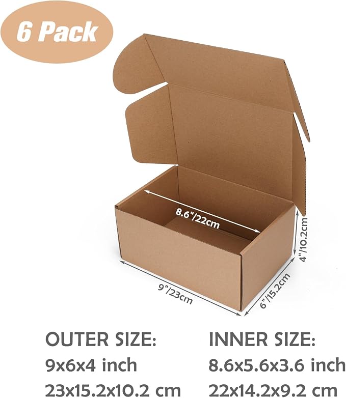 9x6x4 inch Cardboard Shipping Boxes, Set of 6 Gift Boxes, Brown