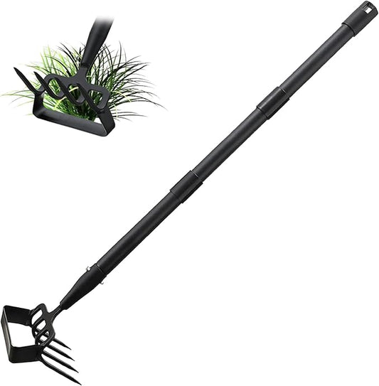 INFLATION Heavy Duty Metal Gardening Weed Puller Tool 4 Tines Prong 2-in-1 Herb Stripper Yard Rake for Women Kids Men Garden Grandpas Weeder 32-62 inch Long Adjustable Handle
