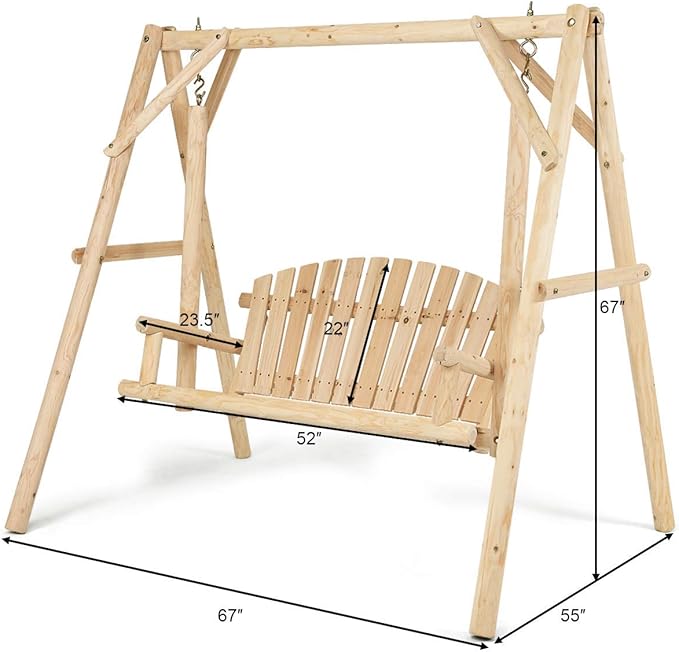 Tangkula A-Frame Wood Log Swing Bench, Outdoor Rustic Curved Back Swing Chair for Patio Garden Yard
