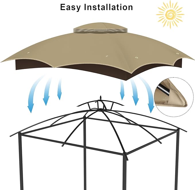 10x12 Replacement Gazebo Canopy Top Cover, Double Tiered Waterproof Canopy Roof for Lowe's Allen Roth Gazebo #GF-12S004B-1 (Khaki)