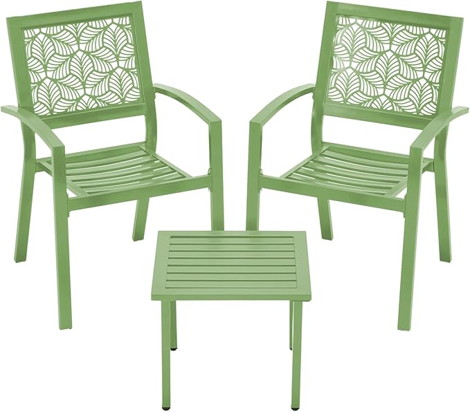 BUPPLEE 3 Piece Patio Bistro Set, Outdoor Steel Furniture Set, Stackable Modern Conversation Sets for Balcony Garden Deck Patio w/2 Chairs 1 Table, Sauge Green