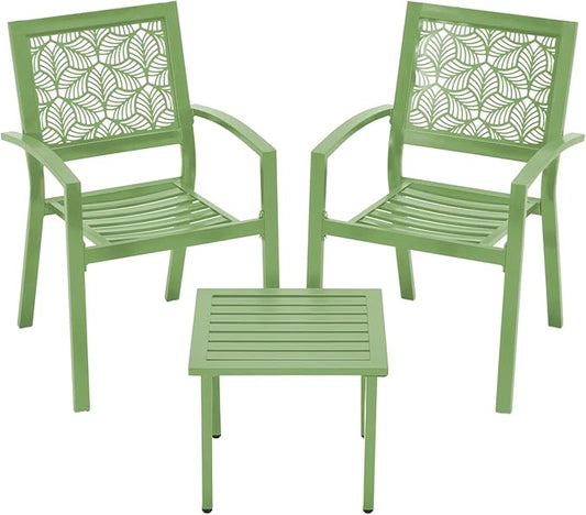 BUPPLEE 3 Piece Patio Bistro Set, Outdoor Steel Furniture Set, Stackable Modern Conversation Sets for Balcony Garden Deck Patio w/2 Chairs 1 Table, Sauge Green