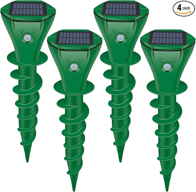 Mole Repellent Solar Powered, 4 Pack Ultrasonic Gopher Repeller IP65 Waterproof for Lawn Garden Yard, Sonic Vole Repellent Outdoor Get Rid of Snake Groundhog Chipmunk Squirrels, Green