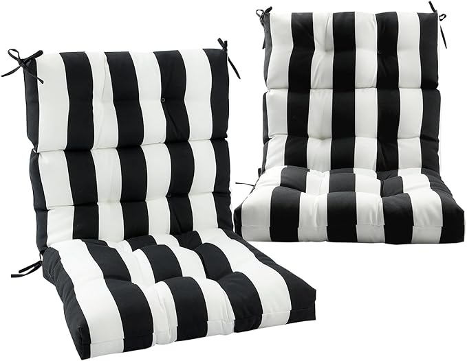 Magpie Fabrics Indoor Outdoor Tufted High Back Chair Cushion Set of 2, Waterproof All-Weather Deep Seating Rocking Chair Patio Chaise Lounge Sun Lounger Chair Cushions (Black White)