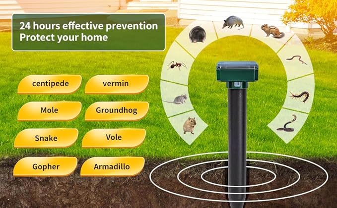 8 new Mole Repellent for lawns Gopher Repellent Ultrasonic Solar Powered Snake Repellent Deterrent Mole Repeller Vole Repellent Outdoor Lawns Garden Yard All Pests Sonic Spikes Stakes Chaser Upgrade