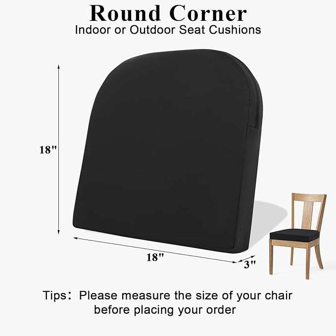 Topotdor Outdoor Chair Cushions for Patio Furniture,Waterproof Patio Chair Cushions Set of 4,Indoor/Outdoor Round Corner Chair Seat Cushion with Ties,18"x18"x3" Black