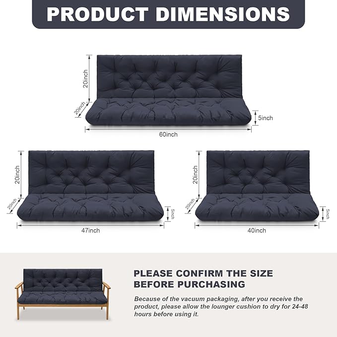 Porch Swing Cushions,Outdoor Cushions 3 Seater Replacement with Backrest, Waterproof Thickened Bench Cushion with Ties for Porch, Patio,Outdoor, Backyard and Garden (Navy Blue 40 * 40 in)
