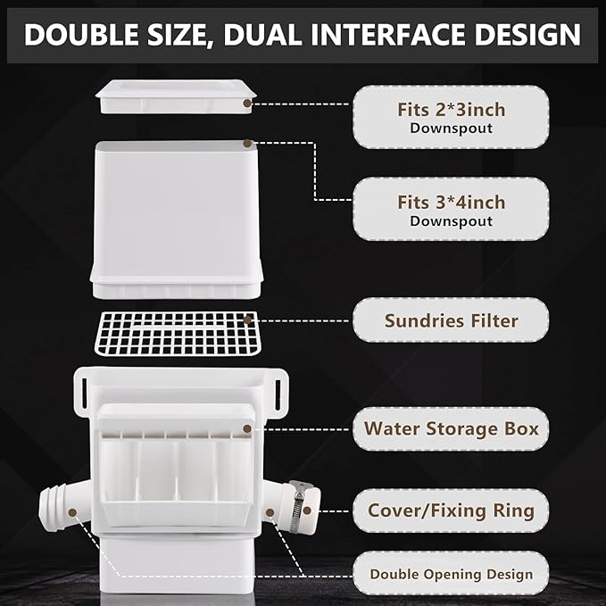 Downspout Diverter, Rain Barrel Diverter Kit-Rainwater Collection System Fits 2x3 or 3x4 Inch Downspout with Filtration and PVC Spigot, White