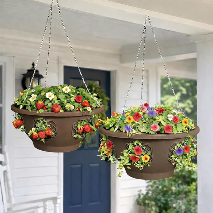 Hanging Planter Basket 20 Pack Bulk, Easy Fill Strawberry Planter, Outdoor Hanging Basket with Side Planting Panels, Durable UV Resistant Planters, Made in USA (20, Mocha)