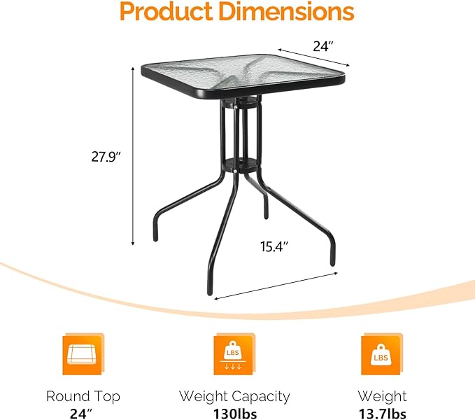 VINGLI Outdoor Bistro Table, 24" Patio Table Steel Frame Tempered Glass Top, Dining Tables for Balcony Garden Poolside (24'' Square)