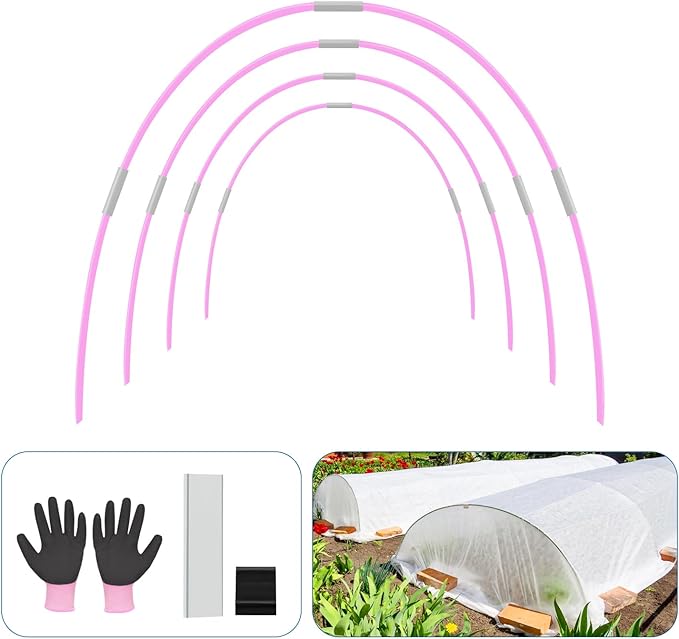 Garden Hoops 60pcs, Sunwuk Greenhouse Hoops for 2.5-5.5ft Wide Raised Bed, 10 Sets of 8.5ft Long Super Bendable Fiberglass Support Hoops Frame, Mini Greenhouse Strip for Row Cover (Pink M Size)