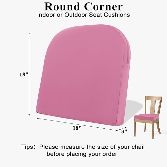Topotdor Outdoor Chair Cushions for Patio Furniture,Waterproof Patio Chair Cushions Set of 2,Indoor/Outdoor Round Corner Chair Seat Cushion with Ties,18"x18"x3" Pink