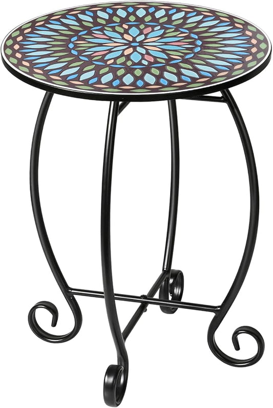 14" Round End Table, Unique Relief Ceramic Tile Tabletop with Metal Frame, Metal Scrollwork Accent Side Table