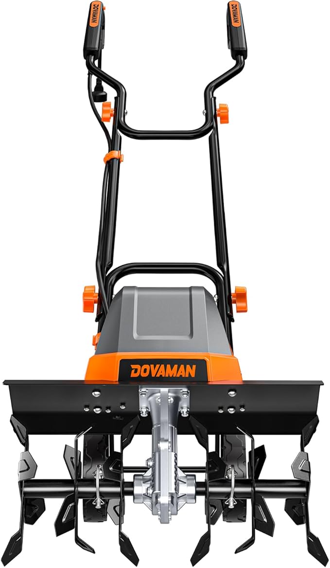 DOVAMAN 18-Inch Electric Garden Tiller, 15-Amp Corded Cultivator with Up to 9-Inch Tilling Depth, 4-Position Adjustable Wheels & Foldable Handle for Soil Preparation